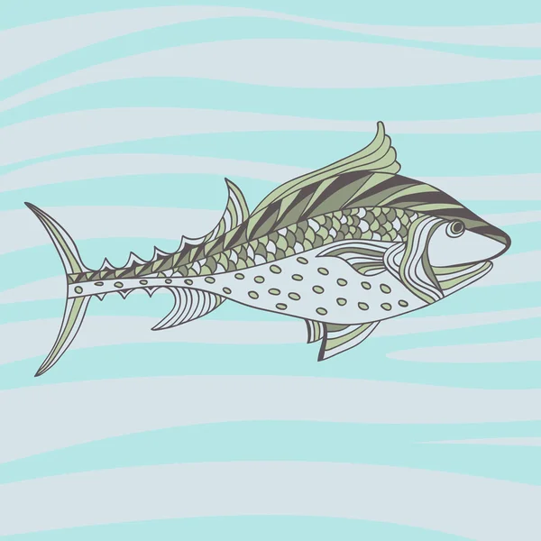 Atún pescado incompleto en estilo de dibujos animados en el fondo de la ola de mar — Vector de stock