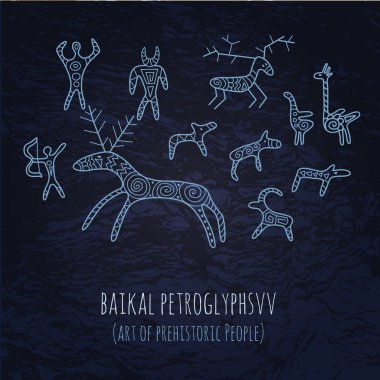 Baikal petroglyphs illustration in doodle style. Vector monochro clipart