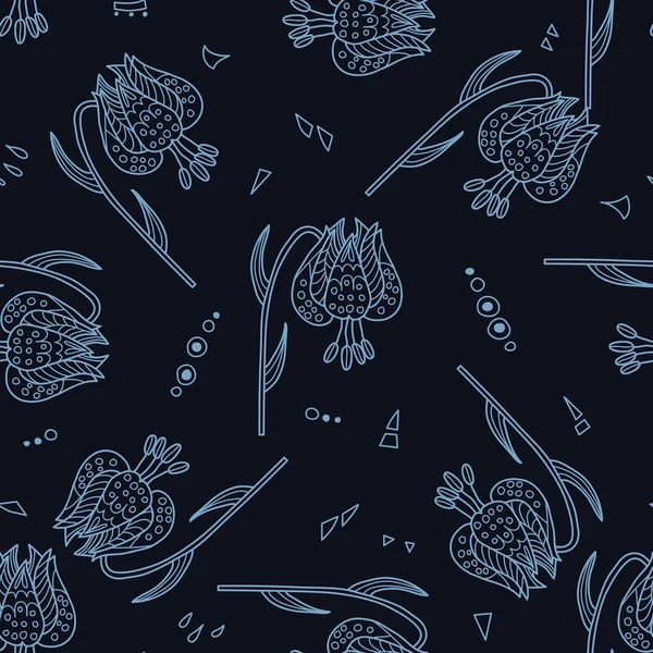 Texture élégante sans couture avec nénuphar baïkal gribouillé dans des couleurs bleues — Image vectorielle