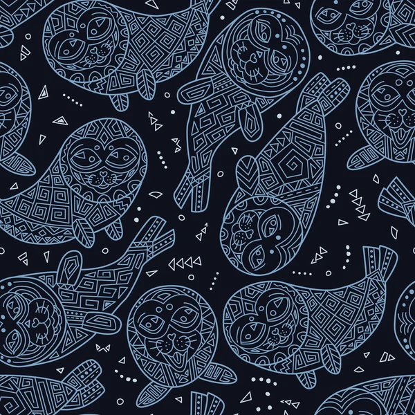 Stylowa, bezszwowa konsystencja z doodled pieczęciami Bajkał w kolorze niebieskim — Wektor stockowy