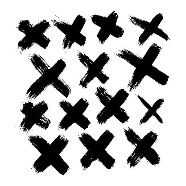 Set de 14 cruces vectoriales texturizadas abstractas en negro grunge. Vector — Vector de stock