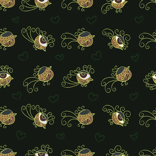 Vector seamless pattern. Many little birds on dark green backgro — Stock Vector