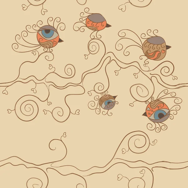 Vector seamless pattern. Many little birds on branches with hear — Stock Vector