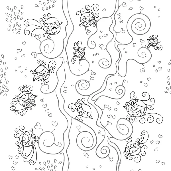 Vector seamless pattern. Many little birds on branches with hear — Stock Vector