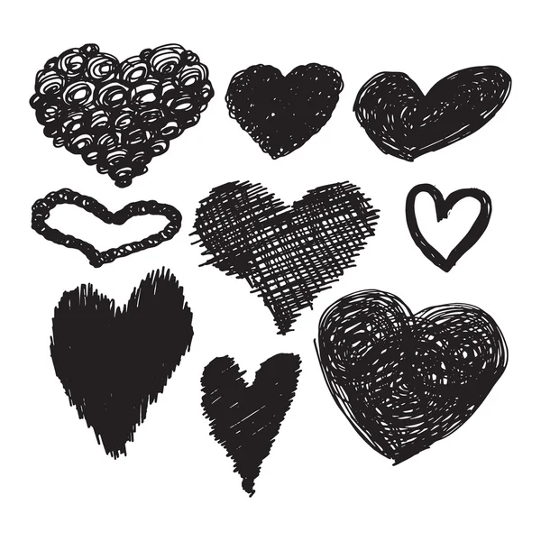 Collection of black hand-drawn sketch hearts for Valentines Day — Stock Vector