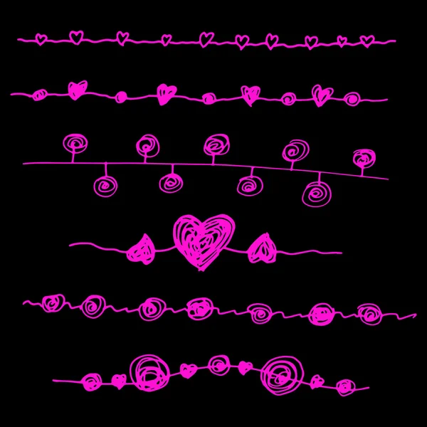 Linee vettoriali insieme di cuori su uno sfondo nero. Str disegnato a mano — Vettoriale Stock