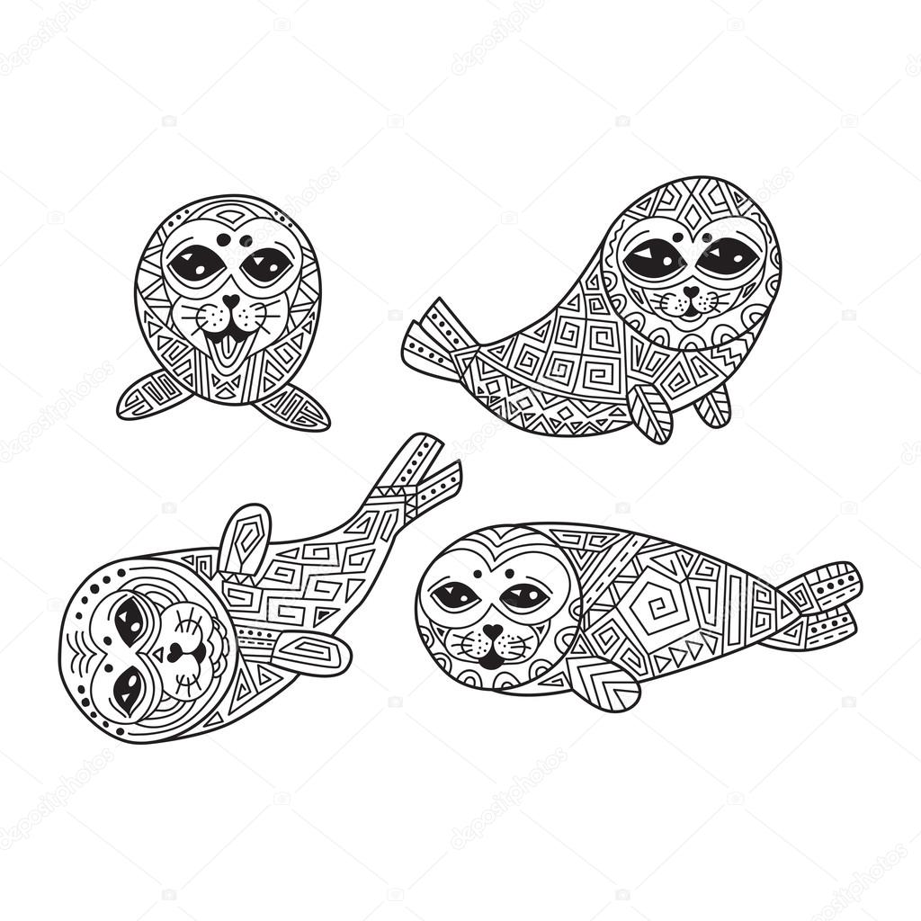 Zentangle the Baikal seals for adult anti stress Coloring Page.