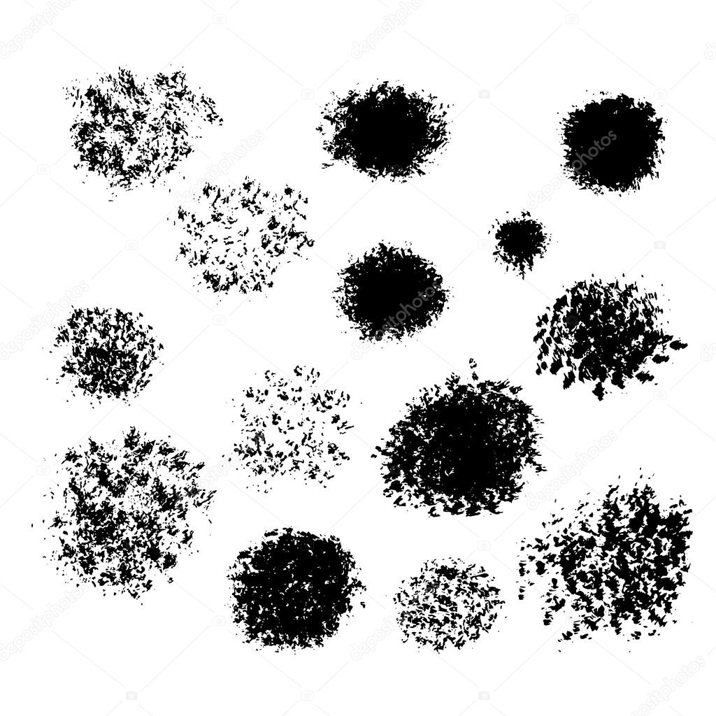 Set of 14 grunge black abstract textured blots vector shapes. Ve