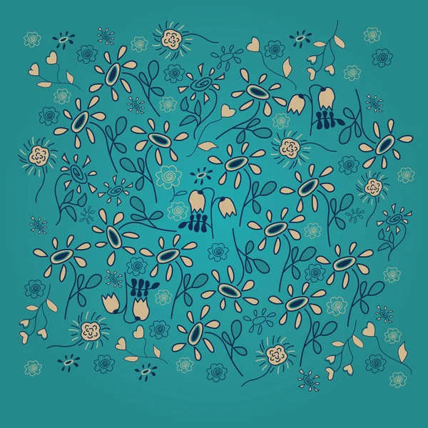 Vector pattern with flowers and plants. Floral decor on dark turquoise spotted background. — Stock Vector