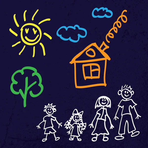 Child's Drawing of Family and New Home — Stock Vector