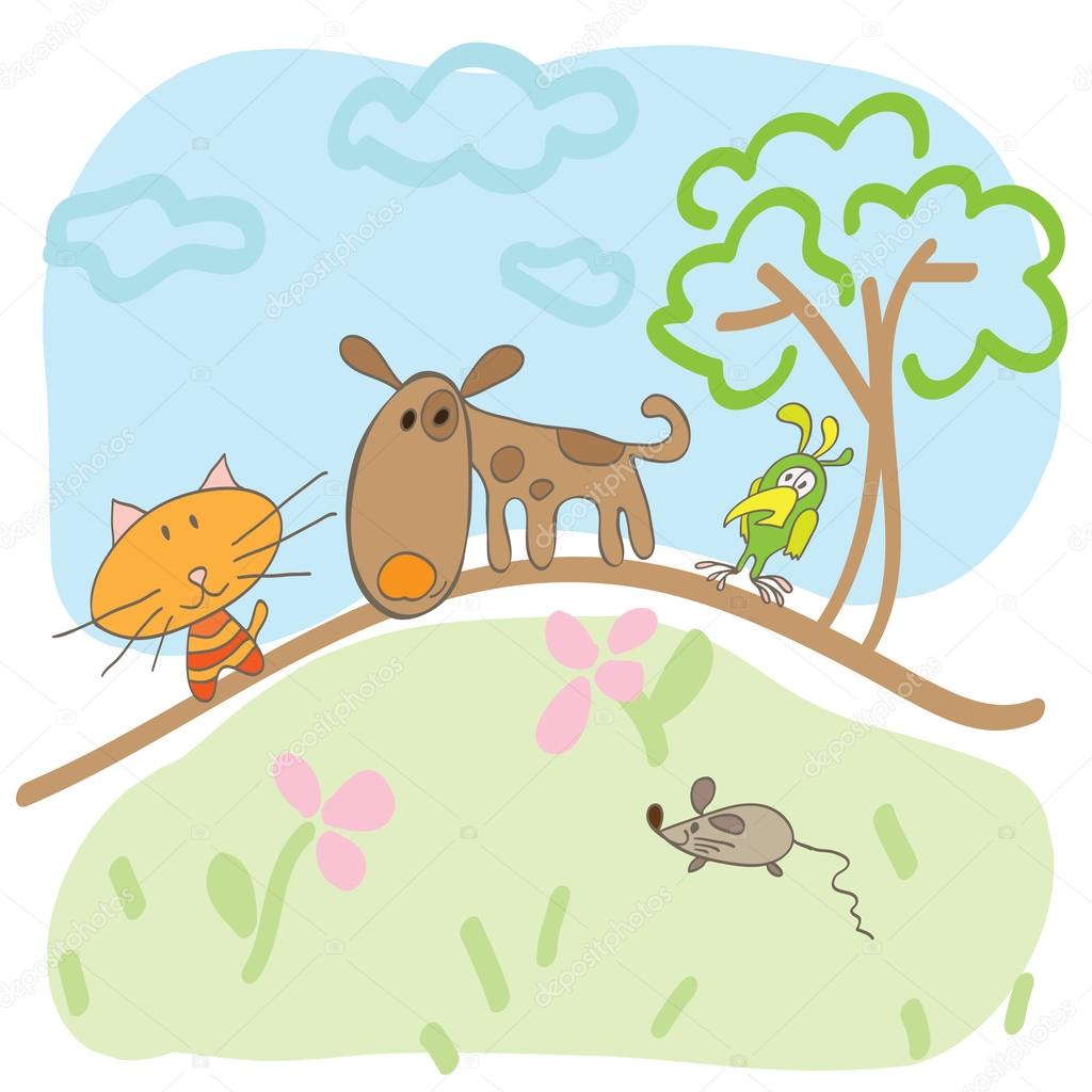 Children's drawing of dogs, cats and mouse summer Stock Vector Image by  ©Nilmerg #72794269