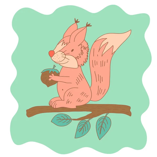 Vázlatos kis rózsaszín mókus a fa ága tartja a dió — Stock Vector
