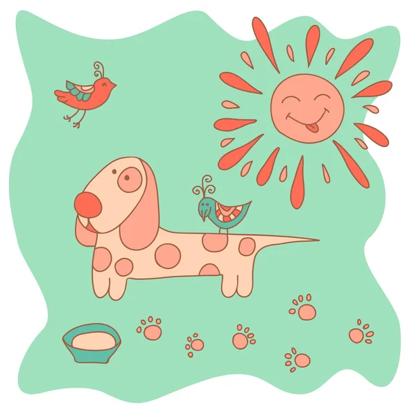 Sketchy little pink dog with the sun and birds in cartoon style. — Stock Vector