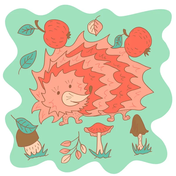 Sketchy little pink hedgehog with apples, mushrooms and autumn l — Stock Vector