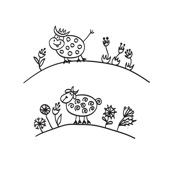 Divertido mascotas vaca y oveja mano dibujar boceto en estilo de dibujos animados — Vector de stock