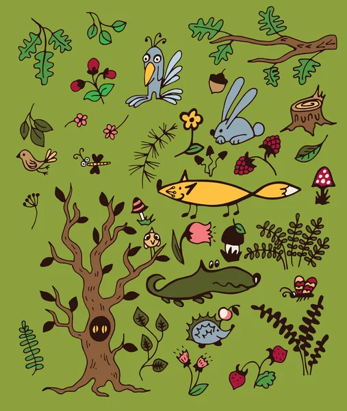 Conjunto de plantas y animales forestales sobre un fondo verde . — Vector de stock