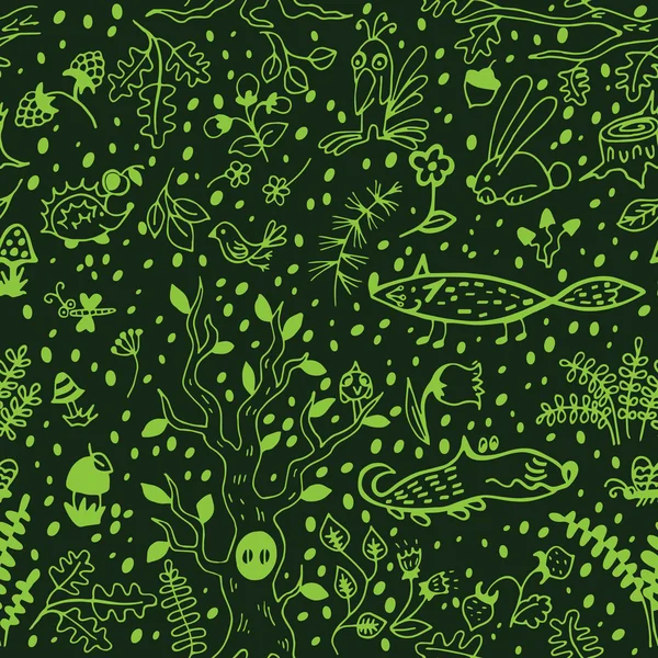 Texture sans couture d'une forêt sur fond vert foncé . — Image vectorielle