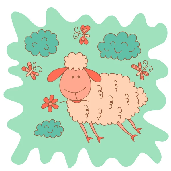 Sketchy little pink cute lamb with clouds and butterflies in car — Stock Vector