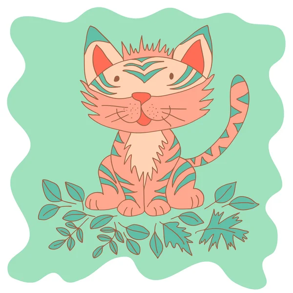 Sketchy poco tigre rosa cachorro sonriendo y jugando en otoño hojas — Archivo Imágenes Vectoriales