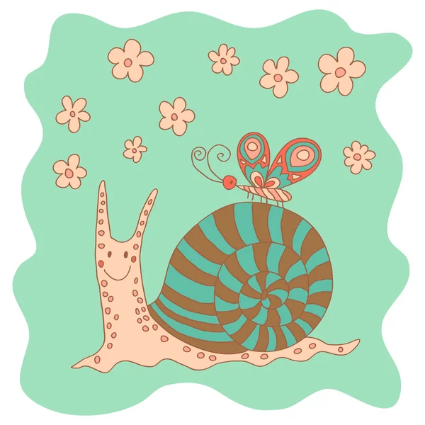 Pequeño caracol divertido rosado con flores y mariposa en ca — Vector de stock