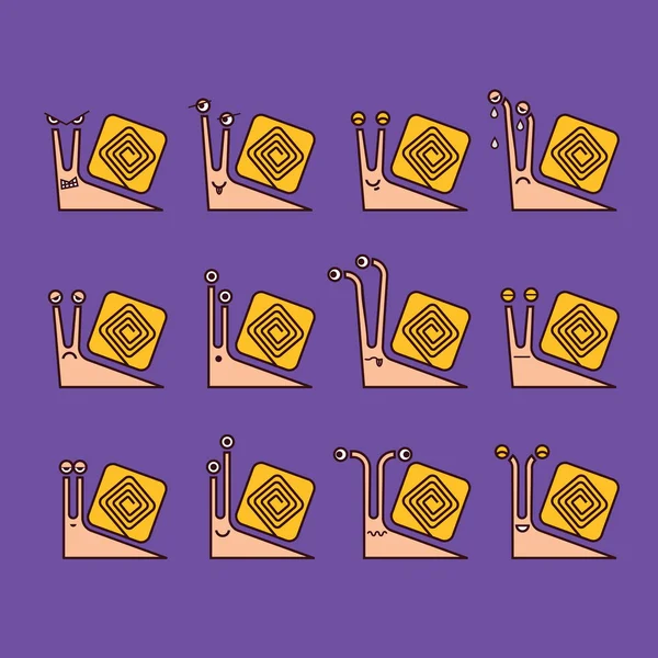 Cartone animato piatto lumache geometriche espressione impostata su un backgro viola — Vettoriale Stock