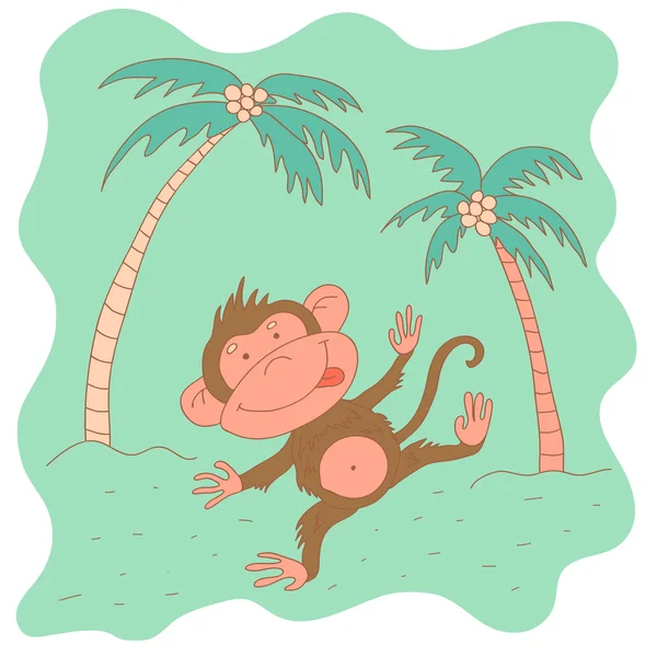 Sketchy little pink monkey on a background of palm trees in cart — Stock Vector