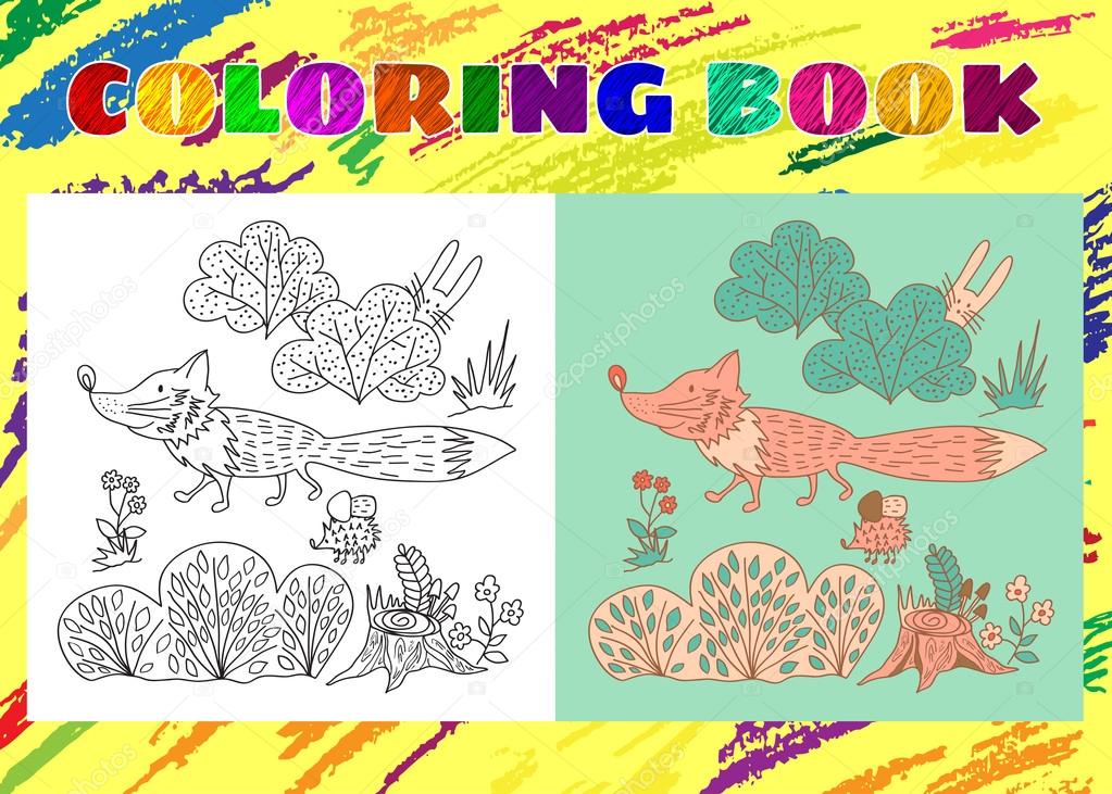 Coloring Book for Kids. Sketchy little pink fox in the forest wi