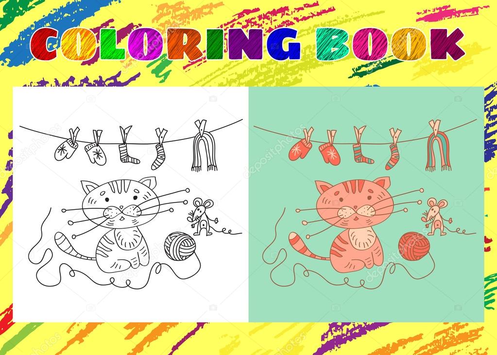 Coloring Book for Kids. Sketchy little pink kitten and mousy wit