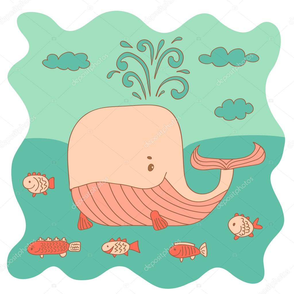 Sketchy little pink whale with a fish swims in the sea in cartoo