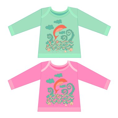 Bebek giysileri ile karikatür hayvanlar. Yarım yamalak küçük pembe yunus o