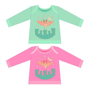 Bebek giysileri ile karikatür hayvanlar. Yarım yamalak küçük yarasa agains