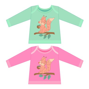 Bebek giysileri ile karikatür hayvanlar. Yarım yamalak küçük pembe sincap 