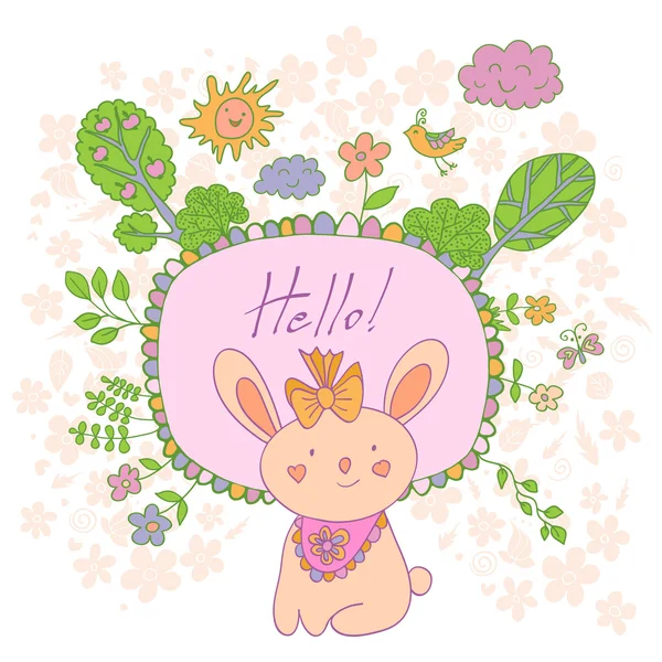 Carte de dessin animé élégante faite de fleurs mignonnes, lapin gribouillé, arbres — Image vectorielle