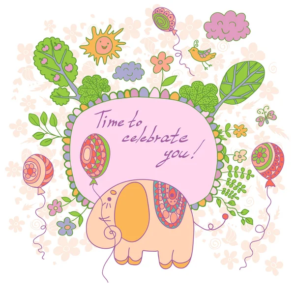 Stijlvolle cartoon kaart gemaakt van schattige bloemen, olifant, tr doodled — Stockvector