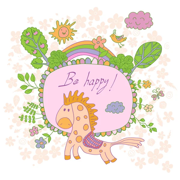 Carte de dessin animé élégante faite de fleurs mignonnes, cheval gribouillé, arbres , — Image vectorielle