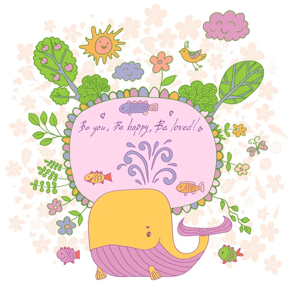 かわいい花、落書きのクジラ、木で作られたスタイリッシュな漫画のカード, — ストックベクタ