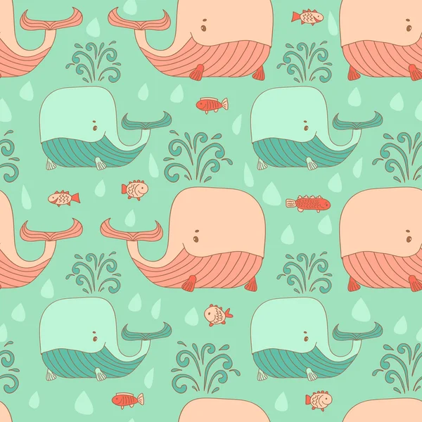 Stylish seamless texture with doodled cartoon whale in pink and — Stock Vector