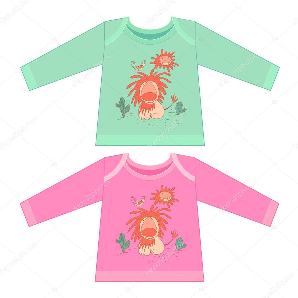 Baby clothes with cartoon animals. Sketchy little pink lion with