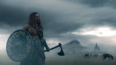 Viking savaşçısı, antik köy ve atlarla sisli bir araziye balta tutuyordu. Kuzey Panorama 'da - konsept sanatı - 3D görüntüleme
