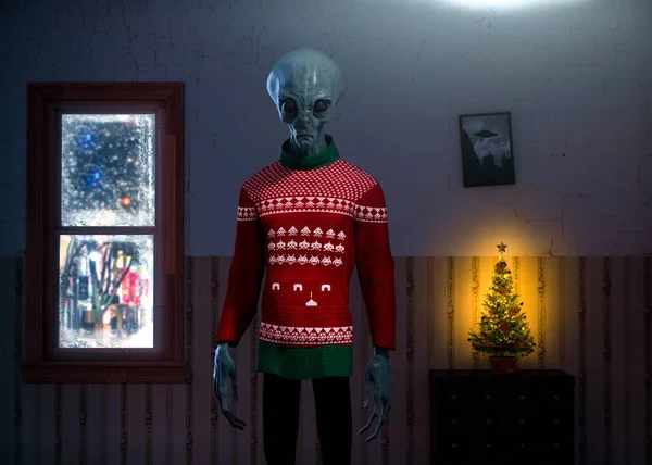 圣诞时节 流行世界的异化和孤独 穿着复古衬衫的外星人独自站在房子里 概念艺术 3D渲染 — 图库照片