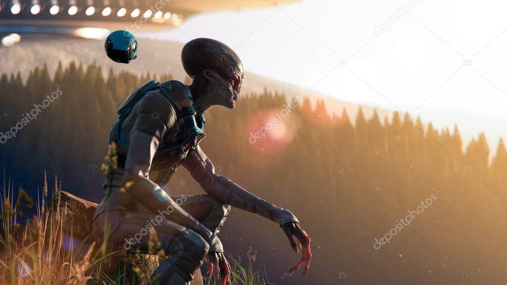 Alien land on our planet earth in mountains at the sunset contemplating our beautiful nature - concept art - 3D rendering