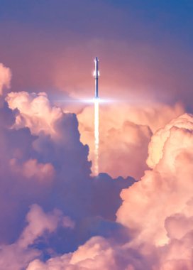 Rocket spaceship over the red clouds reaching the orbit winning gravity force in a beautiful sunset vertical - concept art - 3D rendering  clipart