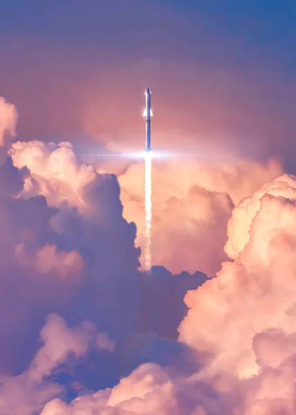 Rocket spaceship over the red clouds reaching the orbit winning gravity force in a beautiful sunset vertical - concept art - 3D rendering