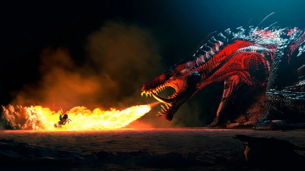 巨龙在漆黑的夜晚向一位英勇的中世纪骑士喷火 这是善恶之间的史诗般的战斗 3D渲染 — 图库照片