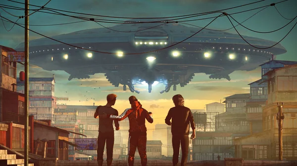 巨无霸在亚洲城市贫民窟上漂浮 三个人在一起谈论外星人入侵屋顶 概念艺术 3D渲染 — 图库照片