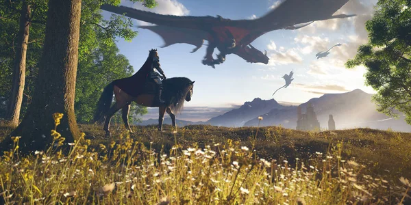 Rei Equitação Cavalo Através Uma Grama Primavera Árvores Montanhas Com — Fotografia de Stock