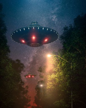 İki UFO bir yaz gecesinde ağaçların üzerinde parlayan yıldızlı lamba ışığında uçuyor - kavram sanatı - 3D görüntüleme