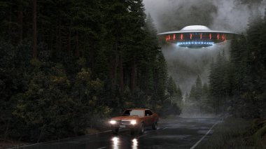 Yağmurlu bir günde bir orman caddesinde parlayan mavi ve kırmızı ışıkla uçan UFO ve uzaylılar tarafından kaçırılmamak için ıslak bir yolda kaçan araba - konsept sanat - 3D