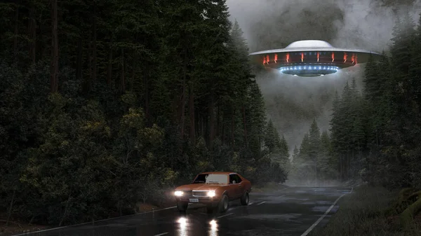 在森林街道上空闪烁着明亮的蓝光和红光 汽车在潮湿的路上逃跑 不会被外星人绑架 概念艺术 3D渲染 — 图库照片