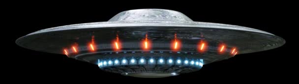 Ufo Flying Saucer Shiny Metal Floating Rotating Vibrant Glowing Red — Stock Video